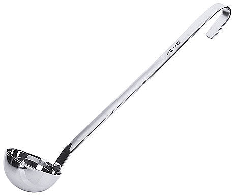 Silberne Suppenkelle mit Haken.