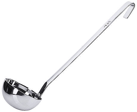 Silberne Suppenkelle mit Haken.