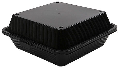Schwarze Kunststoff-Lebensmittelverpackung geschlossen.