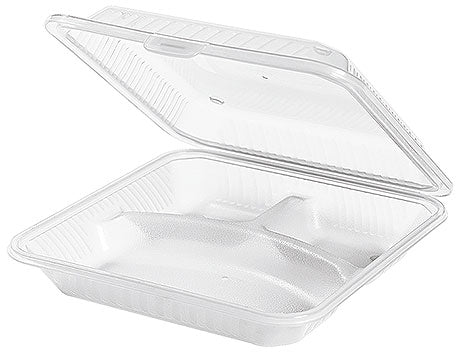 Transparente Kunststoff-Essensverpackung, offen.