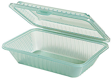 Transparente Kunststoff-Lebensmittelverpackung, geöffnet.