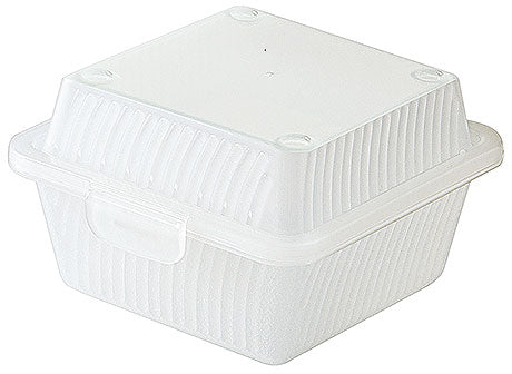 Weiße Kunststoff-Lebensmittelbox mit Deckel.