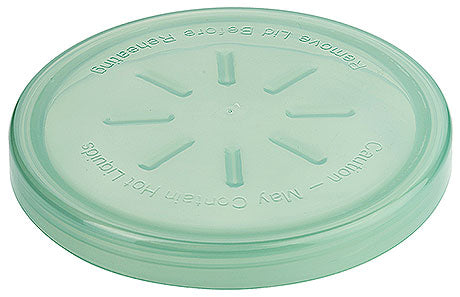Grüner Kunststoffdeckel mit Warnhinweis.