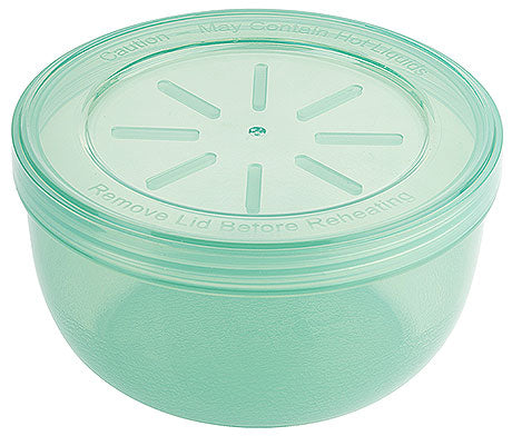 Grüne Kunststoffschüssel mit Deckel.