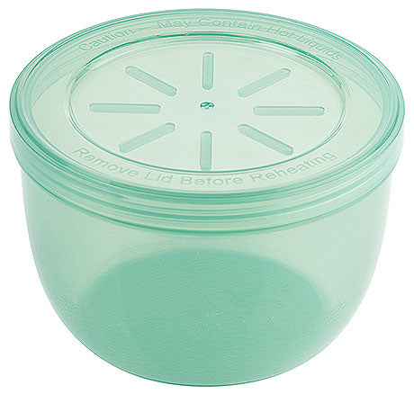 Grüne Kunststoffschüssel mit Deckel.
