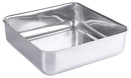 Edelstahl-Gastronormbehälter, quadratisch, leer.