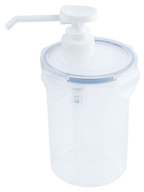 Transparenter Spenderbehälter mit Pumpe.