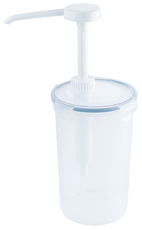 Transparenter Spenderbehälter mit Pumpe.
