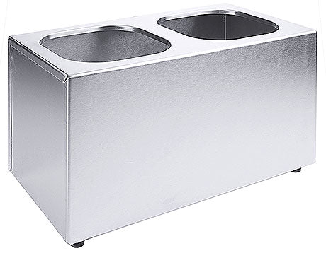 Edelstahl-Behälter mit zwei Öffnungen.