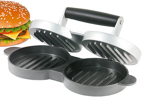 Doppel-Burgerpresse mit Burger-Abbildung.