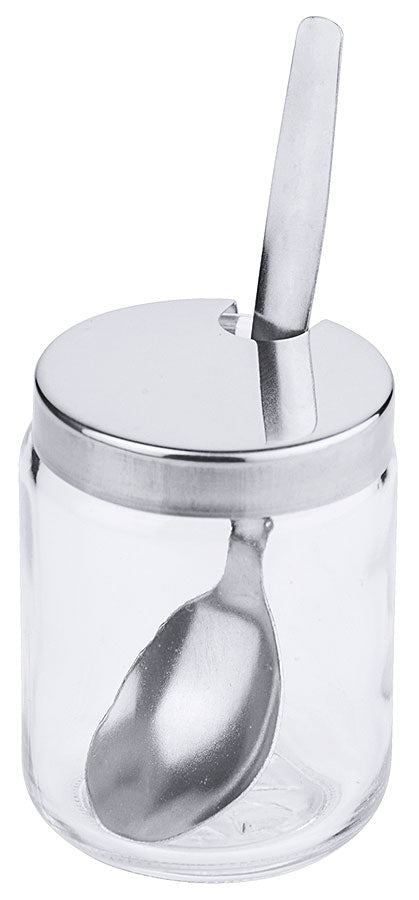 Glasbehälter mit Löffel und Deckel.
