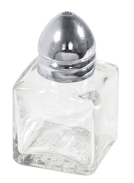 Salzstreuer aus Glas und Metall.