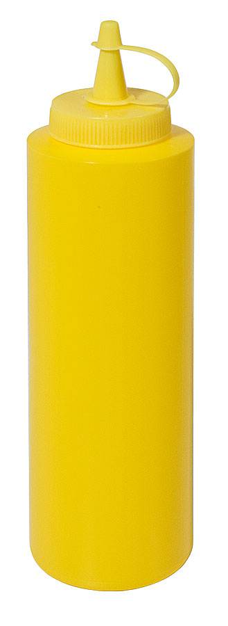 Gelbe Squeeze-Flasche mit Deckel.