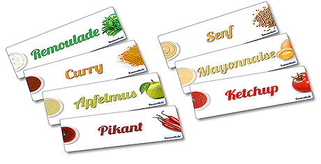 Beschriftete Soßenetiketten für Gastronomie.