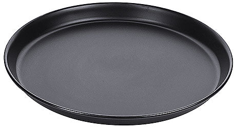 Schwarzes rundes Serviertablett aus Metall.
