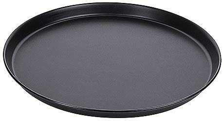 Schwarzes rundes Serviertablett aus Metall.