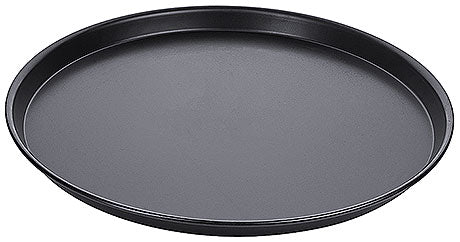 Schwarzes rundes Serviertablett aus Metall.