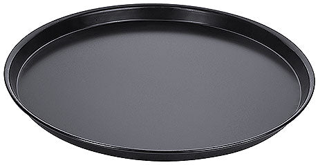 Schwarzes rundes Serviertablett aus Kunststoff.