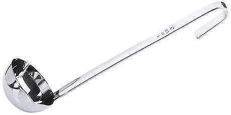 Silberne Suppenkelle mit Haken.