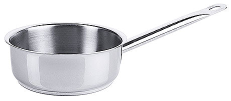 Silberner Stieltopf aus Edelstahl.