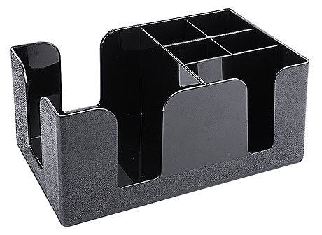 Schwarzer Besteckhalter mit Fächern.