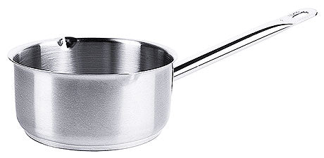 Edelstahl-Stielkasserolle mit Ausguss.