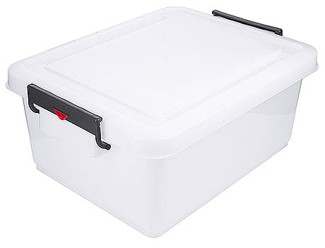 Weiße Kunststoffbox mit Deckel.