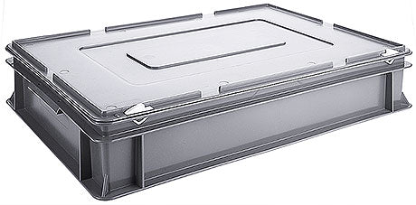 Graue Kunststoff-Transportbox mit Deckel.