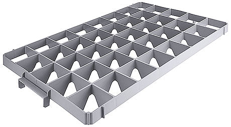 Graue Gläserkorb-Einlage mit Fächern.