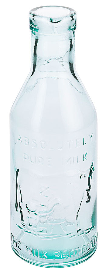 Glasflasche mit Milchaufdruck.