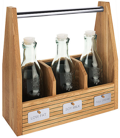 Milchflaschenhalter aus Holz.