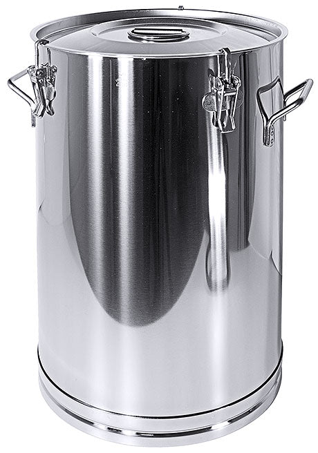 Edelstahlbehälter mit Deckel und Griffen.