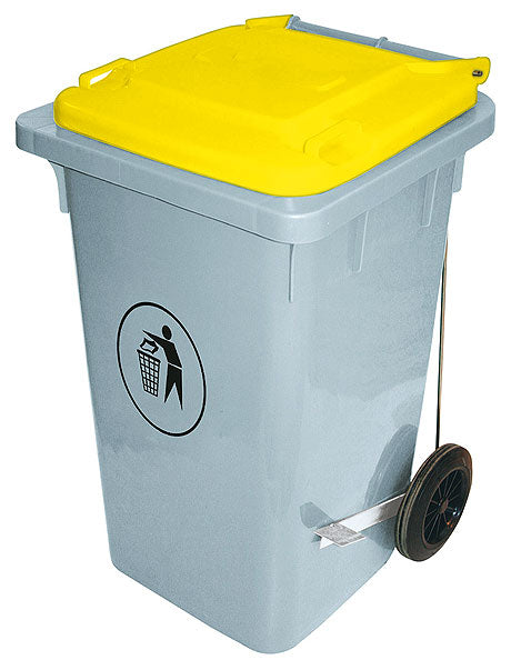 Mülltonne mit gelbem Deckel.