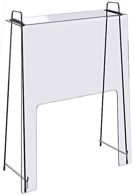 Transparente Schutzwand mit Metallständern.