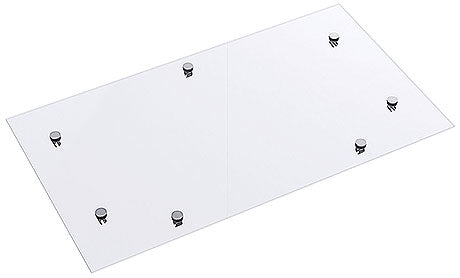 Glasplatte mit Metallfüßen.