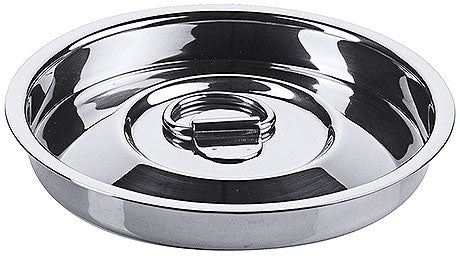 Runde Edelstahl-Schale mit Deckel.