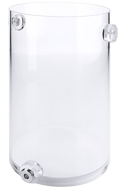 Transparenter zylindrischer Behälter mit Halterungen.