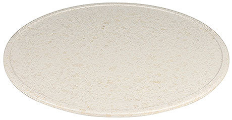 Runde, beige Servierplatte aus Melamin.