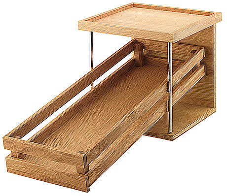 Holztablett mit Gestell und Schienen.