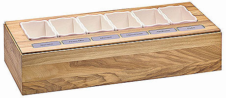 Holz-Organizer mit Gewürzbehältern.