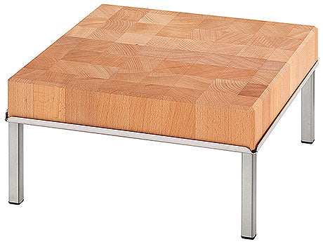 Holzschneidebrett auf Metallgestell.