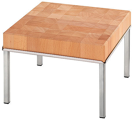 Holzschneidebrett auf Metallgestell.