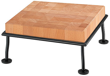Holzschneidebrett auf Metallgestell.