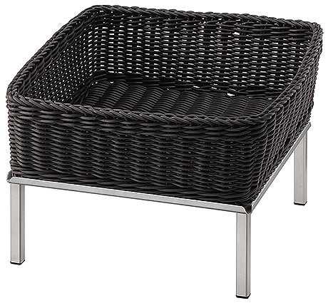 Schwarzer Korb auf Metallgestell.