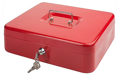 Rote Geldkassette mit Schlüssel.