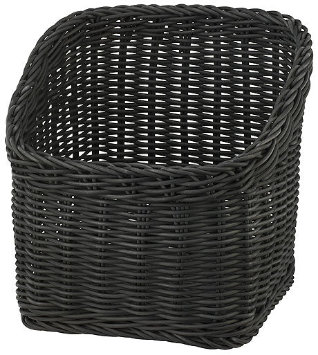 Schwarzer Korb aus Kunststoffgeflecht.