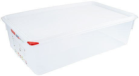 Transparente Kunststoff-Aufbewahrungsbox mit Deckel.