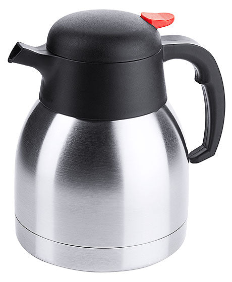 Silberne Thermoskanne mit schwarzem Deckel.