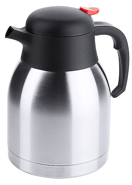 Silberne Thermoskanne mit schwarzem Deckel.