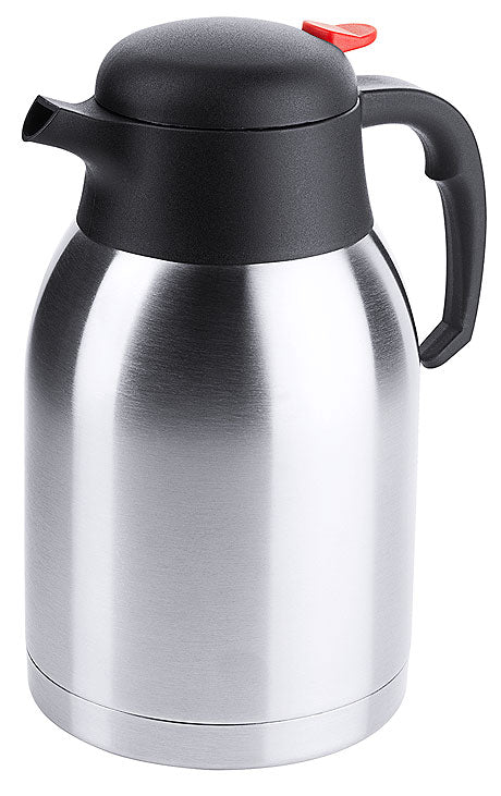 Silberne Thermoskanne mit schwarzem Deckel.